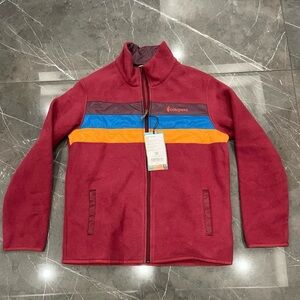 COTOPAXI TECA FLEECE JACKET MAROON with MAROON BLUE AND ORANGE STRIPES EUC NWT